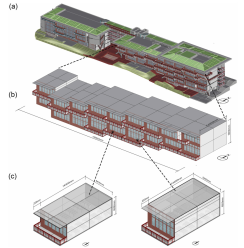(a) 选定建筑模型；(b) 两个阶梯式办公空间；(c) 组成空间的基本单元