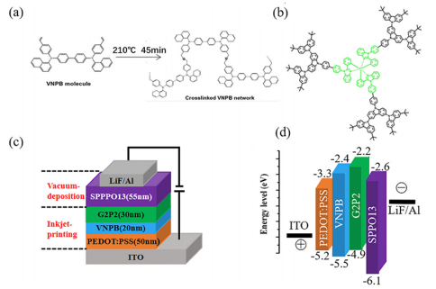 (a) VNPB热交联反应机理示意图；(b) G2P2分子结构；(c) OLED器件结构剖面图；(d) 能级图