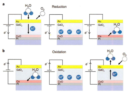 氢离子调控的GdOx/Co层磁性现象原理图
