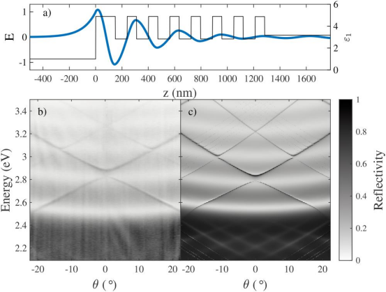 (a) BSW的指数衰减场分布叠加在样品介电函数分布图上（固定能量下）；(b) 和 (c) 分别展示了周期 L = 400 nm、高度 h = 30 nm 的光栅区域的测量和模拟反射率映射图。高反射率的窄色散线对应于不同衍射级次 m 的准布洛赫表面波模式