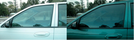 透过三扇前侧窗观察骑行者的视野：（左）无贴膜且反射最小的情况；（右）贴有35%可见光透射率窗膜且反射最小的情况