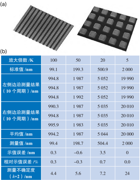 （a）线距样板：左-竖栅，右-格栅（b）X 向测量示值误差