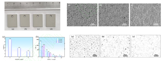 左上：宏观形貌；右上： SEM表面形貌；左下：孔隙率和)孔径分布；右下：孔隙测量图