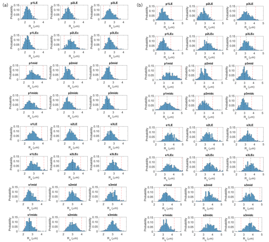 （a）Ra值直方图、（b）Rq 值直方图
