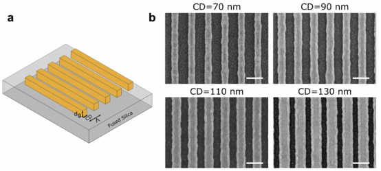 （a）制备在熔融石英基底上的—维金质光栅三维示意图;（b）所制备的不同关键尺寸金质光栅结构的扫描电子显微镜图像