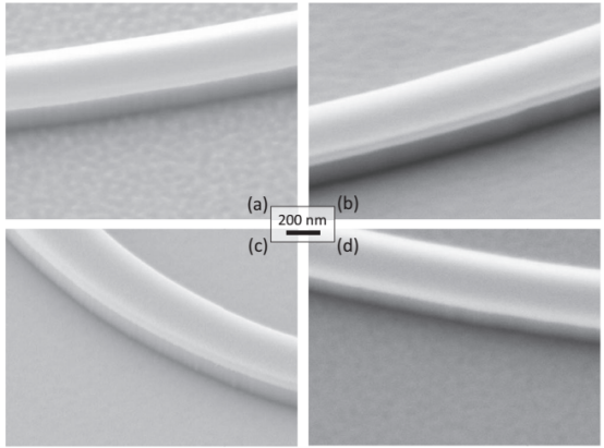 使用表中配方刻蚀的薄膜样品的扫描电子显微镜（SEM）图片（倾斜顶视图）：(a) 测试1；(b) 测试2；(c) 测试3；(d) 测试4