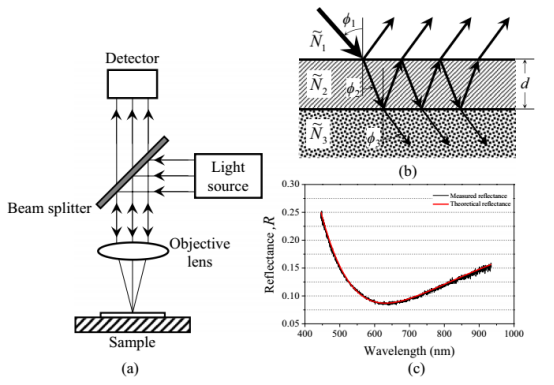 (a) 简易反射仪的光学结构示意图(b) 单层薄膜结构中两个界面的反射与透射光路示意图(c) 实测反射光谱与基于最小二乘法拟合的模型反射光谱对比图