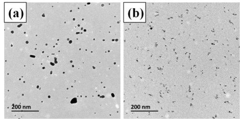 (a)以可溶性淀粉做表面修饰剂合成的银纳米颗粒(b)以PVP做表面修饰剂合的银纳米颗粒