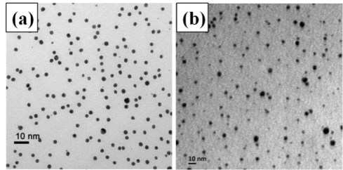 (a)以十六烷基胺做表面修饰剂合成的银纳米颗粒 (b)以十二硫醇做表面修饰剂合成的银纳米颗粒