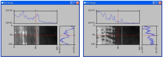 带有顶部抗反射涂层（TARC）的光刻胶与去离子水分别接触1秒（左图）和10秒（右图）后的∆图像