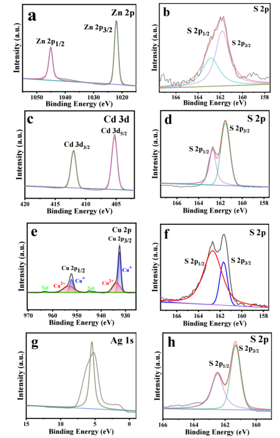 ZnS、CdS、CuxS和Ag2S薄膜的XPS图谱(a) Zn 2p, (b) S 2p, (c) Cd 3d, (d) S 2p, (e) Cu 2p, (f) S 2p, (g) Ag 1s, (h) S 2p