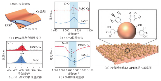 PASC基复合铜集流体界面结合的表征及PP基膜TA-APTES结构示意图