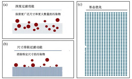 超高分子量聚乙烯(UPE)膜的优化设计：(a)深度过滤功能；(b)尺寸排阻过滤功能；(c)膜孔径分布均匀化